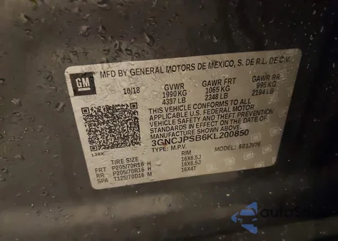 2019 Chevrolet Trax Lt z USA, uszkodzony, nr VIN 3GNCJPSB6KL200850